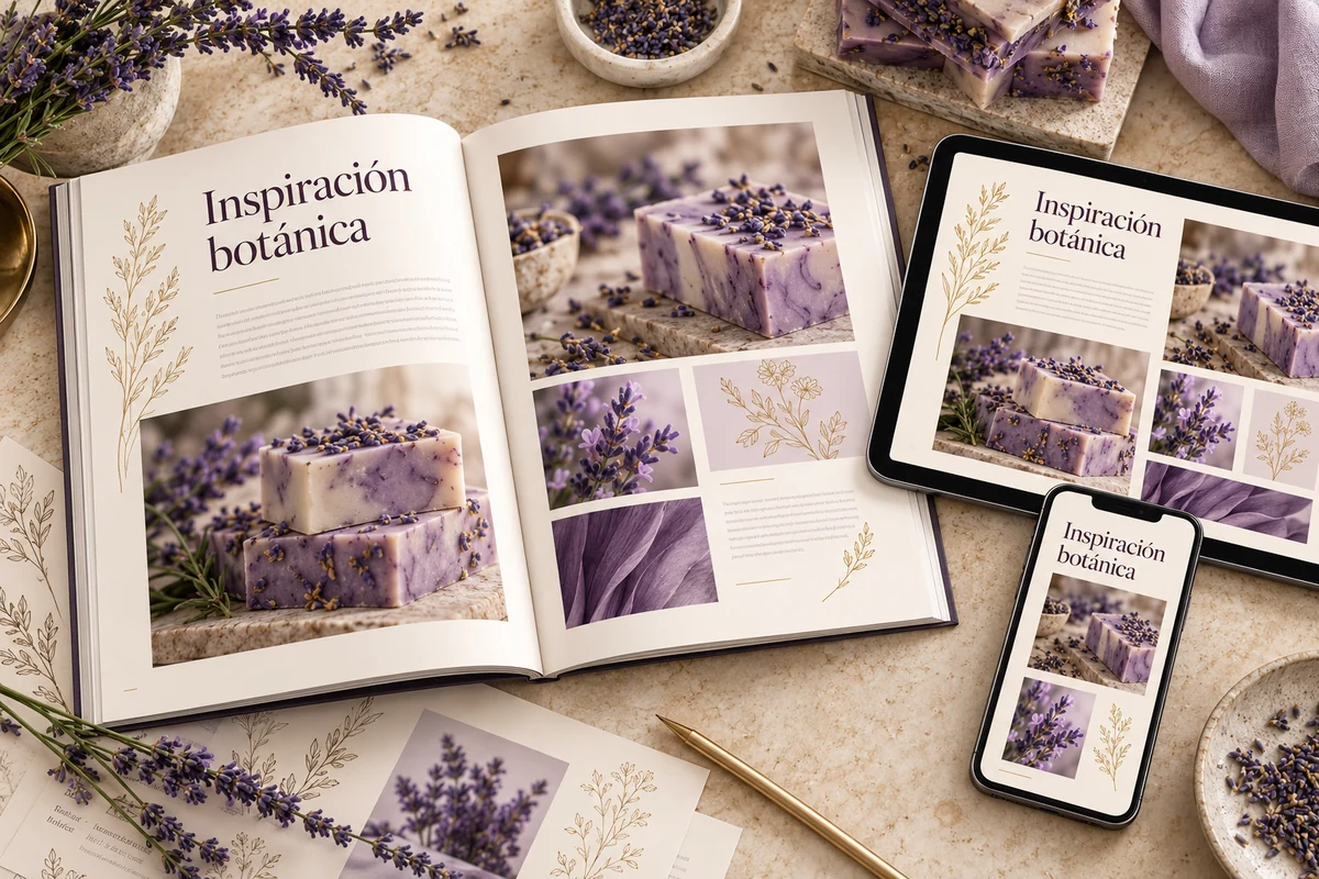 Ilustración de un PDF abierto en una impresión, tablet y celular; diseño interior conceptual